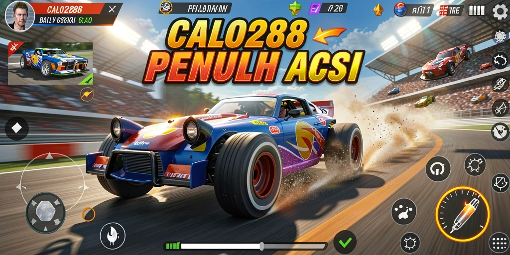 Tampilan gameplay <strong>CALO288</strong> dengan balapan yang mendebarkan dan mobil yang berkilau.