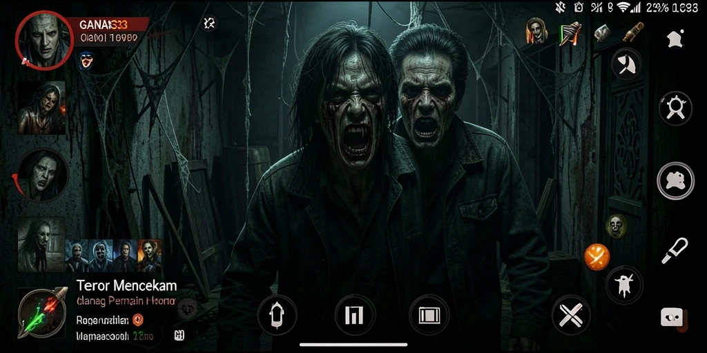 Screenshot gameplay GANAS33 menampilkan momen mencekam saat karakter menjelajahi tempat angker.