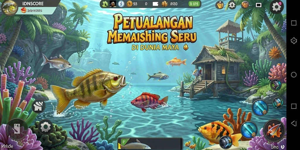 Menampilkan gameplay seru dari IDNSCORE saat menangkap ikan.