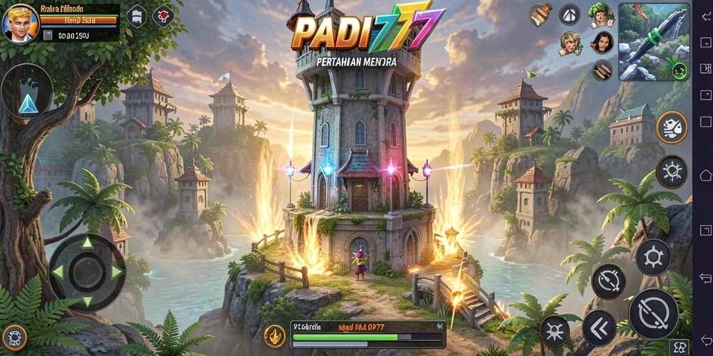 Tampilan gameplay PADI777 dengan berbagai menara dan musuh.