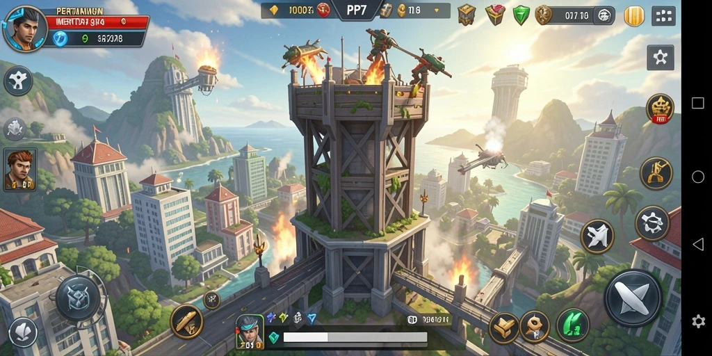 Tampilan gameplay menara pertahanan yang intens dan menantang.