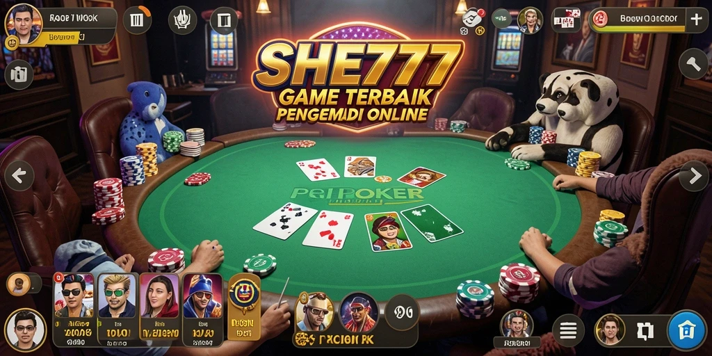 Screenshot gameplay <strong>SHE777</strong> menampilkan suasana meja poker yang seru.
