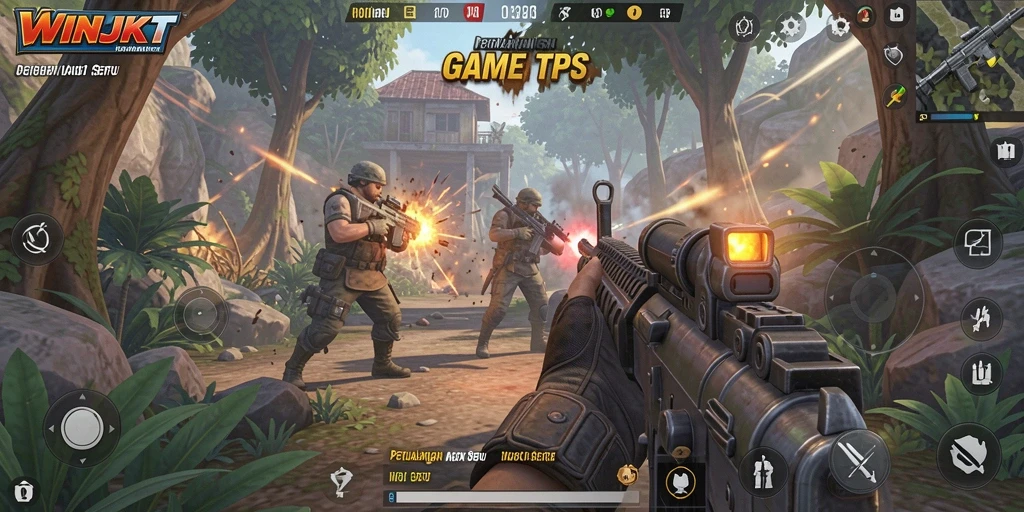 Screenshot utama WINJKT menampilkan aksi seru dalam gameplay TPS.